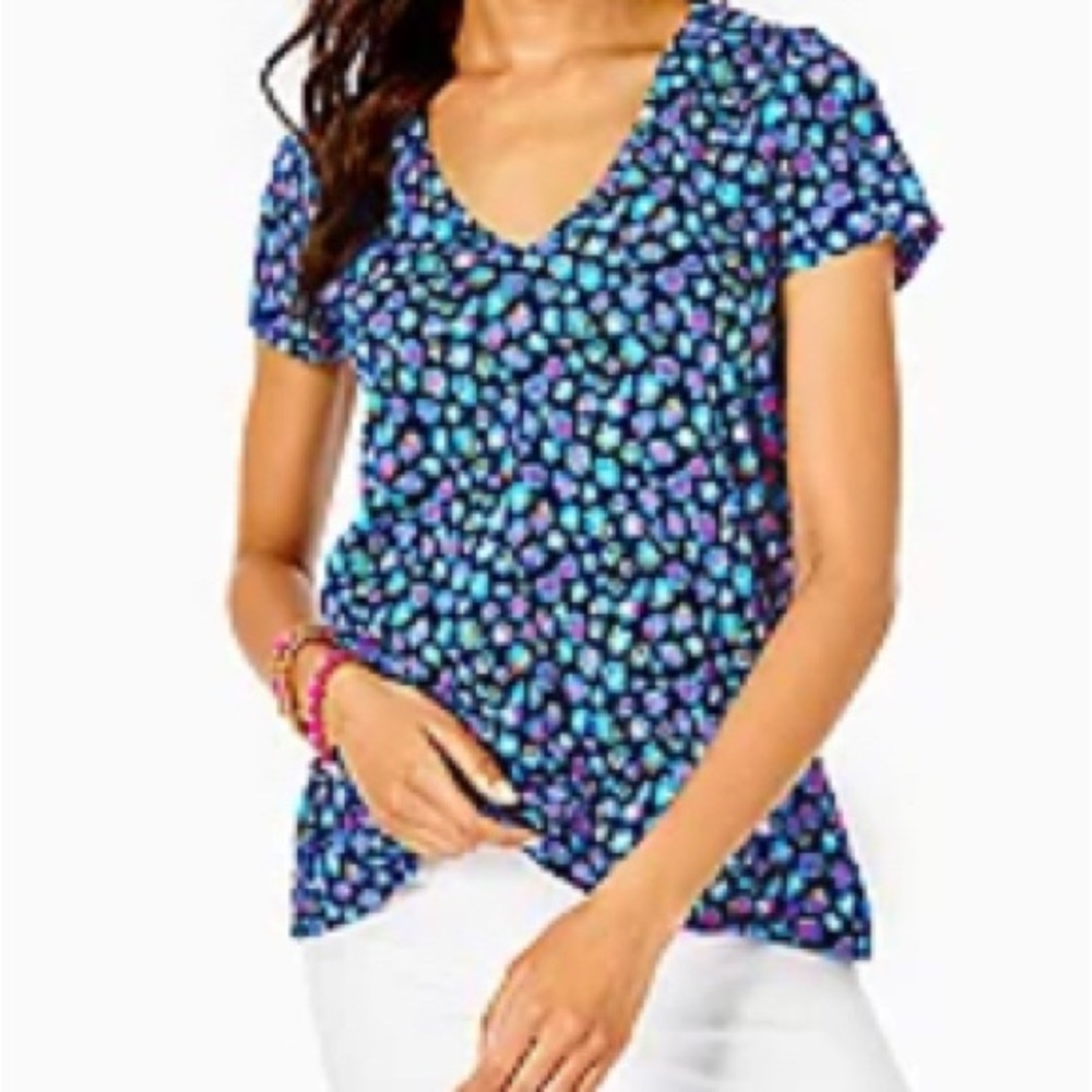 Lilly Pulitzer Etta V-Neck Top Seabreeze Blue Low Tide Navy Spotted Wild Medium